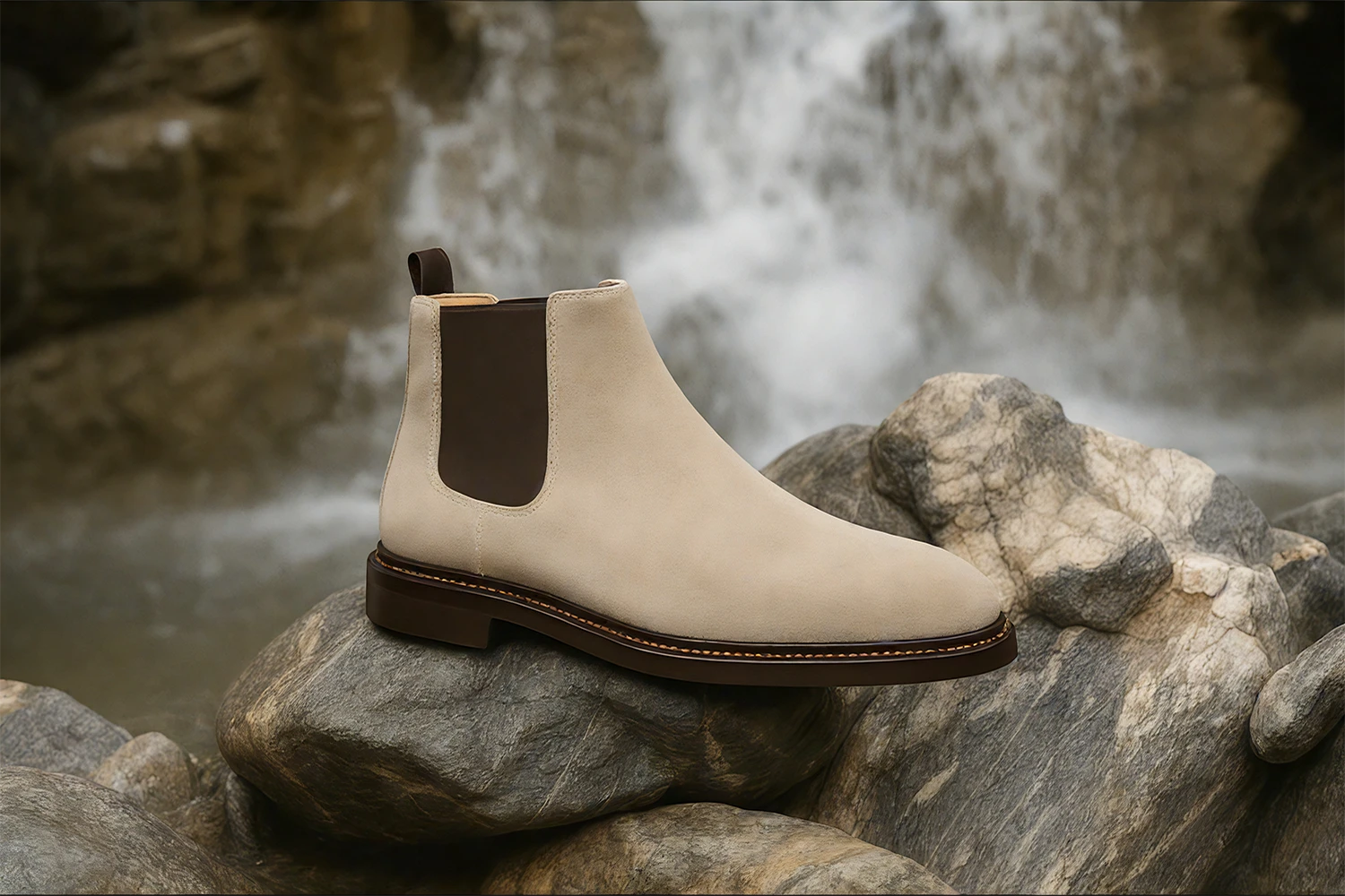 Premium season boots – luxury men's footwear photographed on natural rocks with waterfall