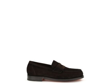 Santoni Brown Calf Leather Bos Taurus Slip-On Loafers
