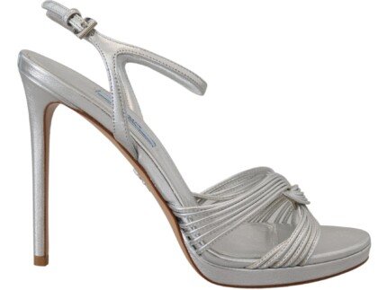 Prada Silver Leather Sandals Ankle Strap Heels Stiletto
