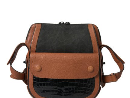 Balenciaga Black Brown Exotic Skin Leather Vertical Crossbody Purse Bag