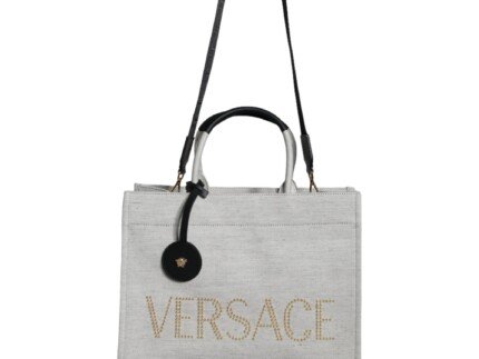 Versace White Top Handle Canvas Leather Logo Crossbody Tote Bag