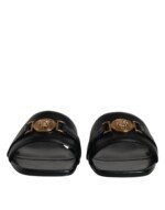 Versace Black Leather Logo Plaque Slip On Slides Flats Shoes - Image 2