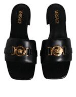 Versace Black Leather Logo Plaque Slip On Slides Flats Shoes - Image 3