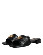 Versace Black Leather Logo Plaque Slip On Slides Flats Shoes - Image 4