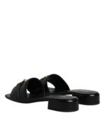 Versace Black Leather Logo Plaque Slip On Slides Flats Shoes - Image 5