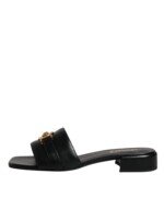 Versace Black Leather Logo Plaque Slip On Slides Flats Shoes - Image 6