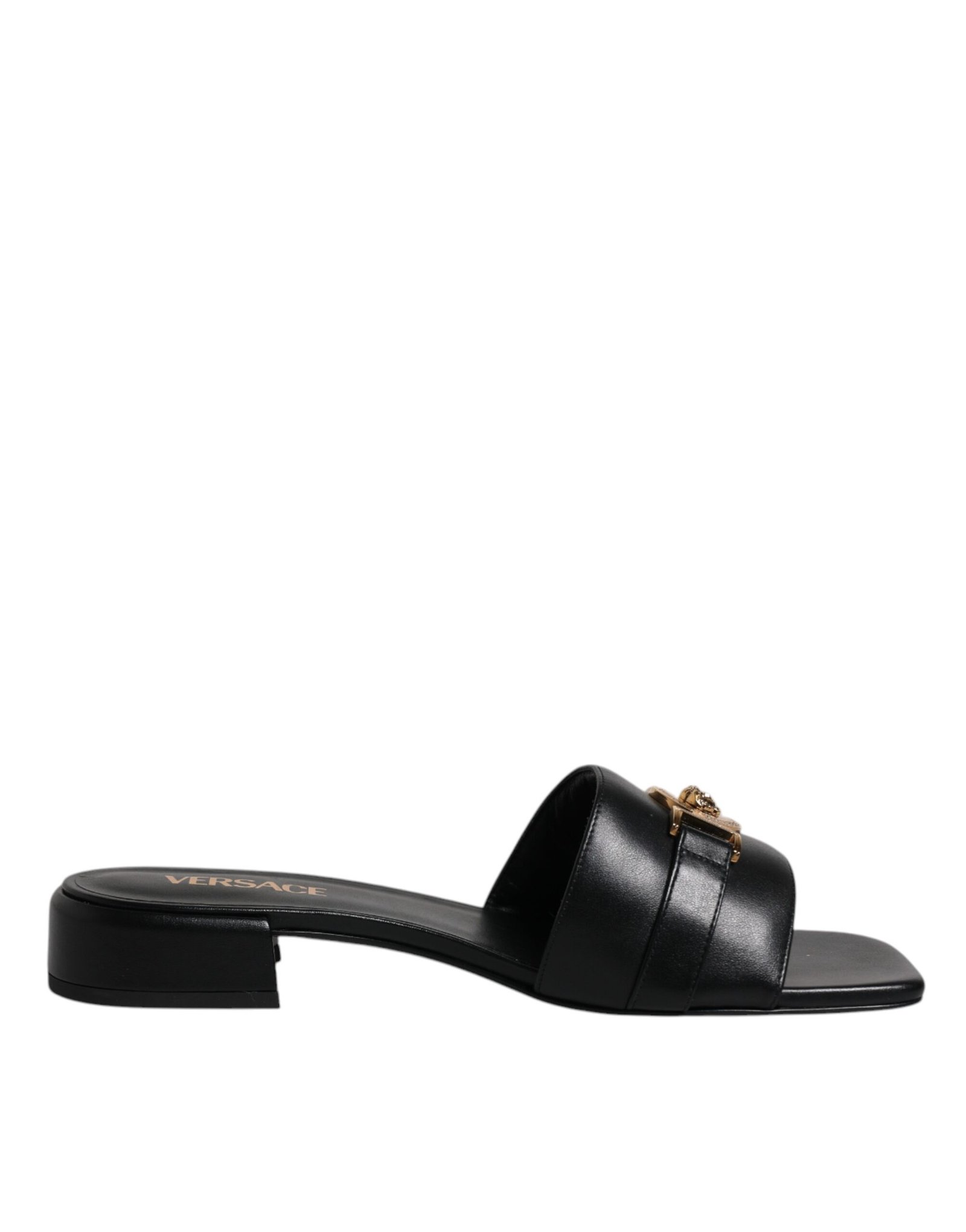 4824906.jpeg Versace Black Leather Logo Plaque Slip On Slides Flats Shoes - Image 1