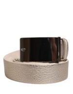 Brunello Cucinelli Metallic Beige Leather Silver Metal Buckle Belt - Image 2