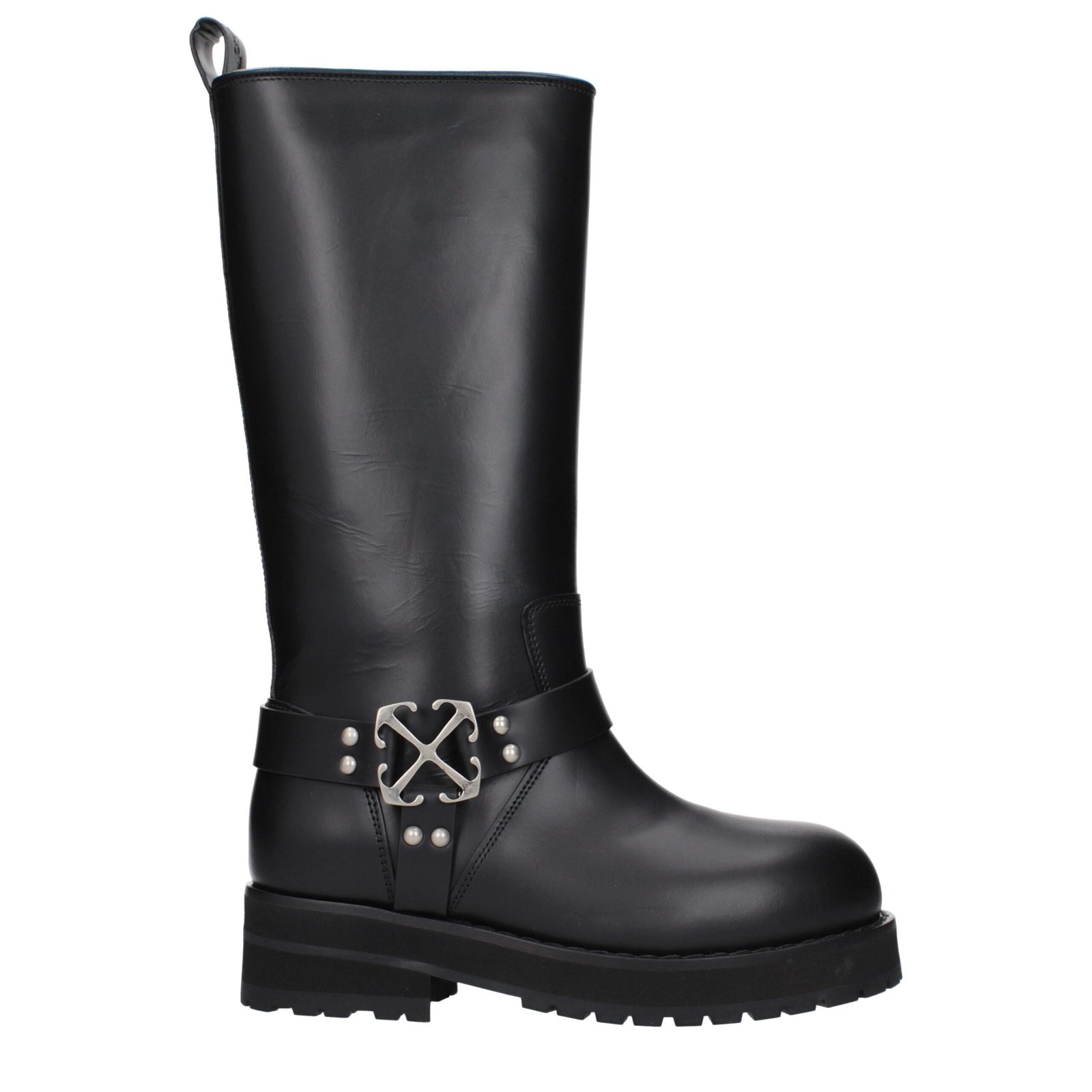 9329525.jpeg Off-White Black Leather Flat Boots - Image 1