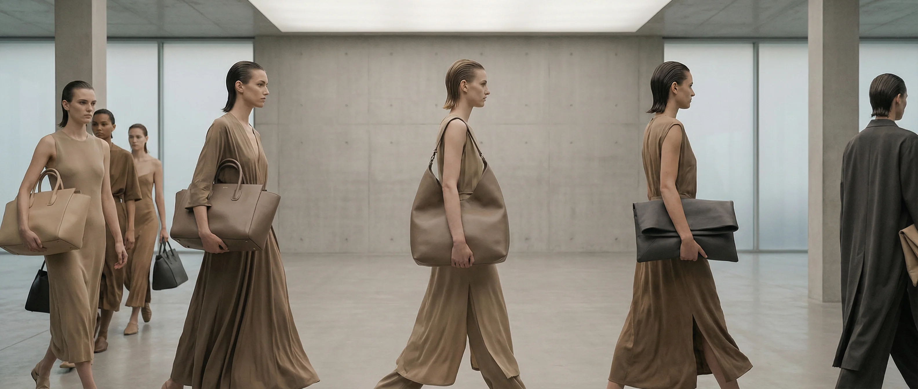 Iconic bags 2026 runway showcasing modern luxury handbags in neutral tones