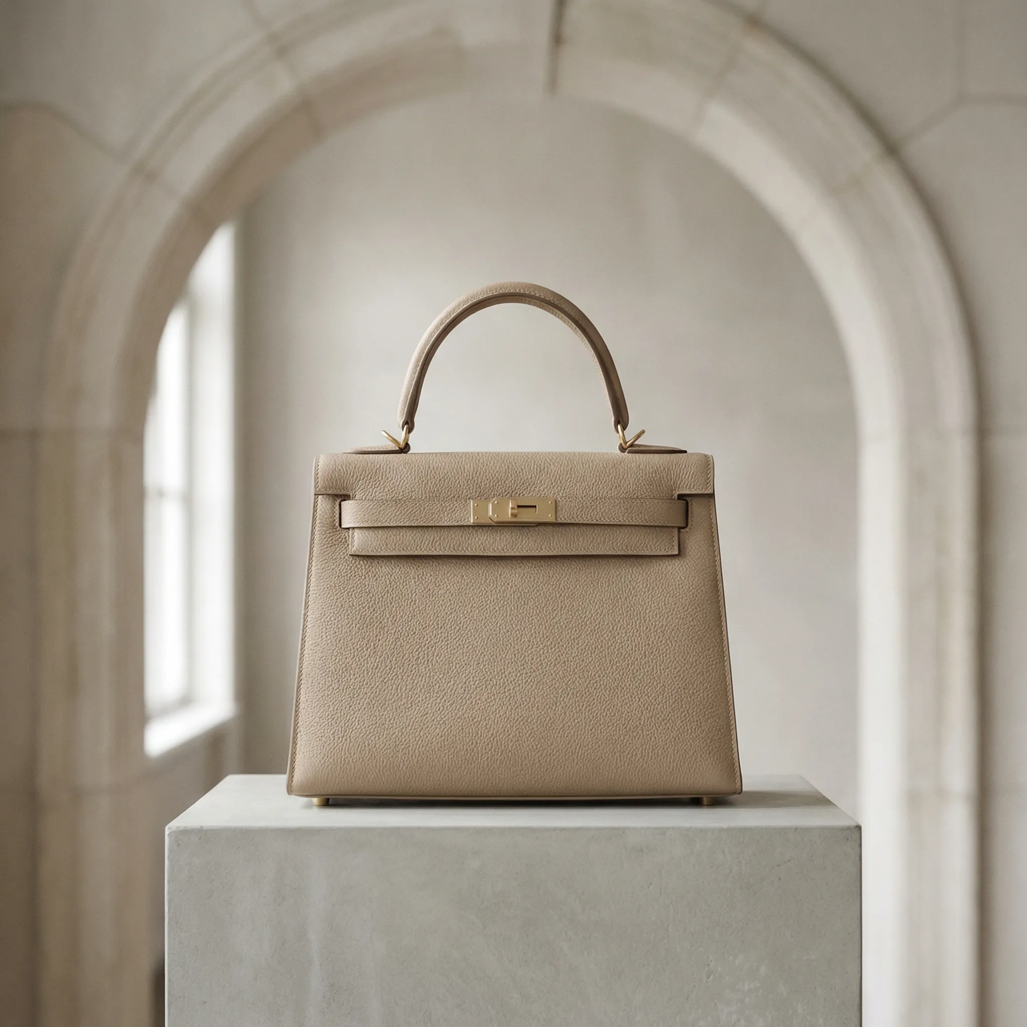 Iconic structured leather handbag 2026 in neutral beige tone with gold hardware