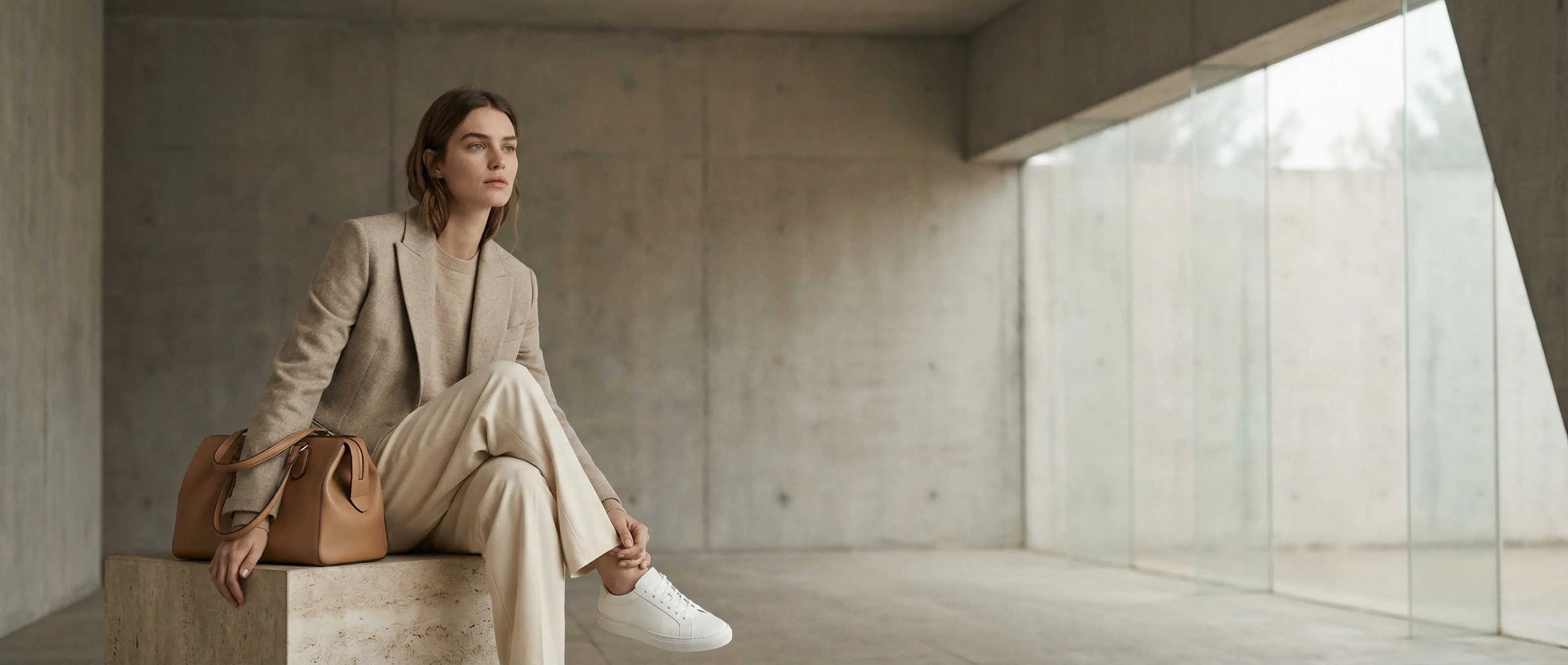 Quiet luxury SS26 editorial featuring neutral blazer, wide-leg tailored trousers, structured leather handbag and minimalist white sneakers in architectural setting