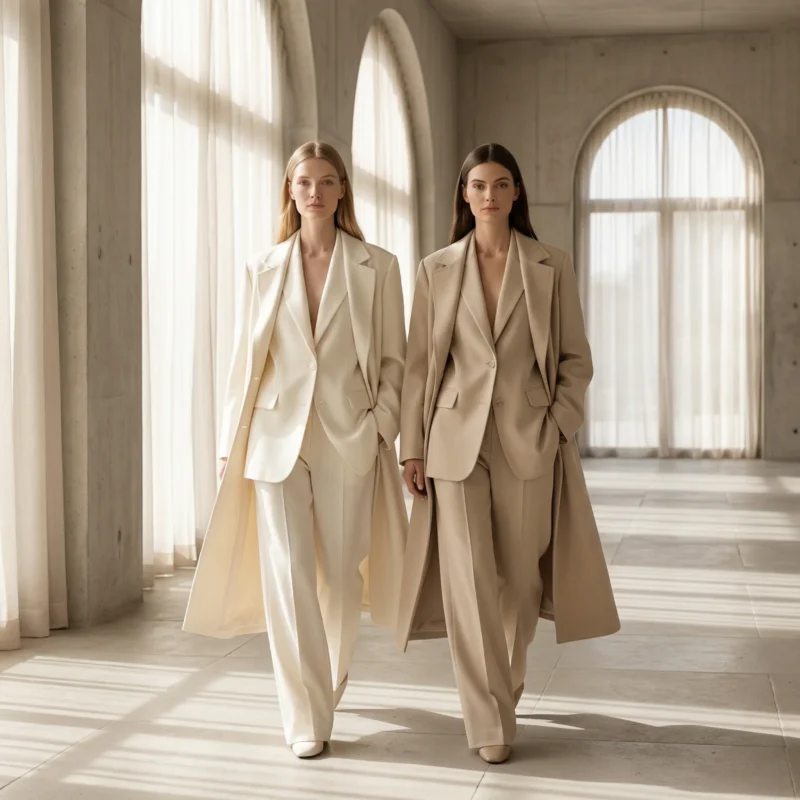 SS26 luxury fashion trends featuring modern tailoring in neutral tones