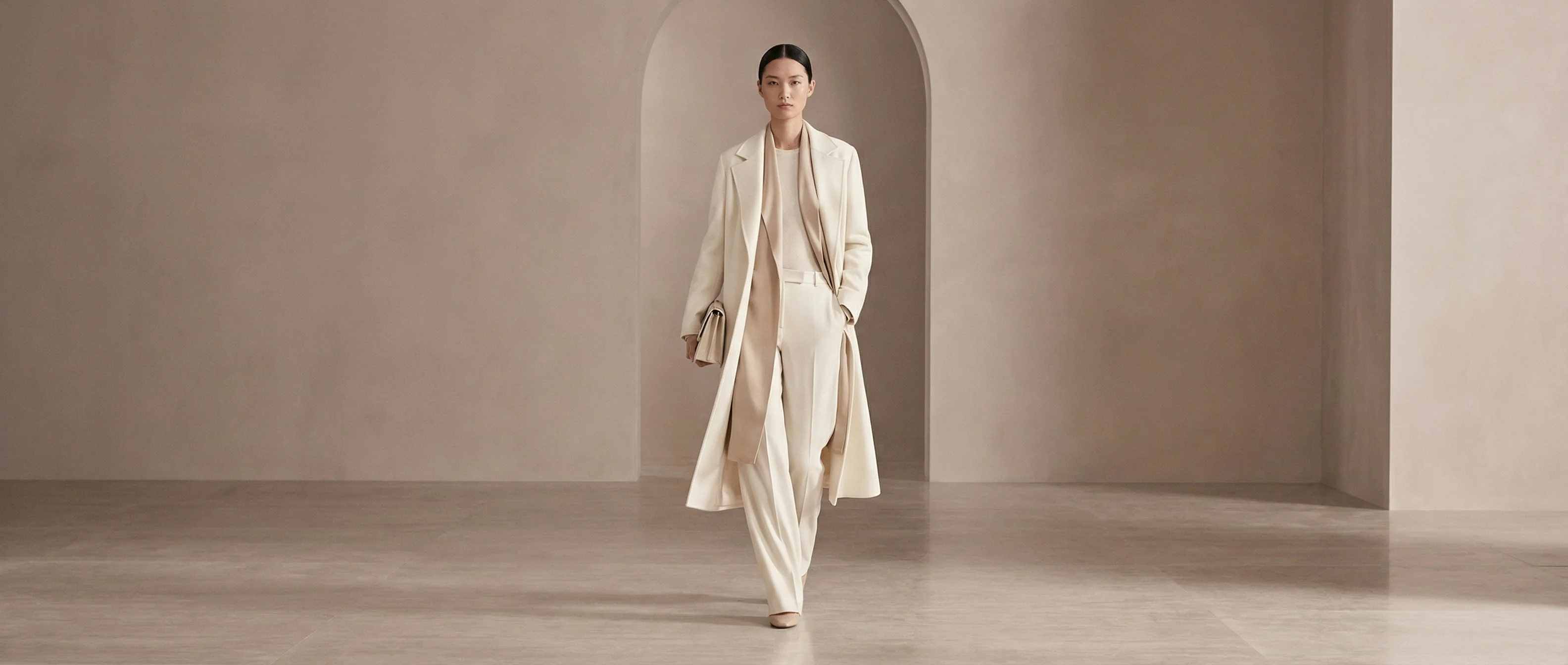 Minimalist luxury fashion runway in neutral beige tones – Timeless Stories editorial
