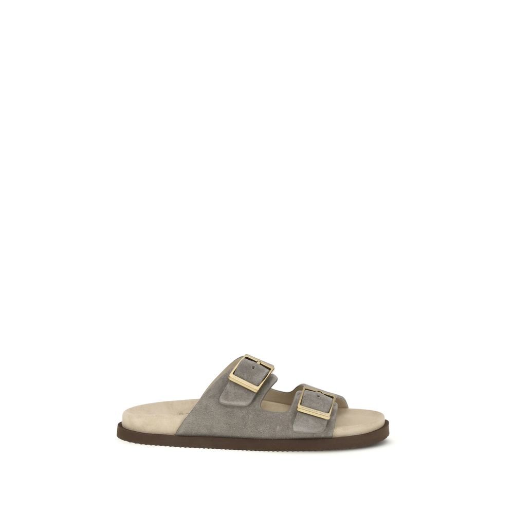 10478733.jpeg Brunello Cucinelli Gray Calf Leather Bos Taurus Flat Sandals - Image 1